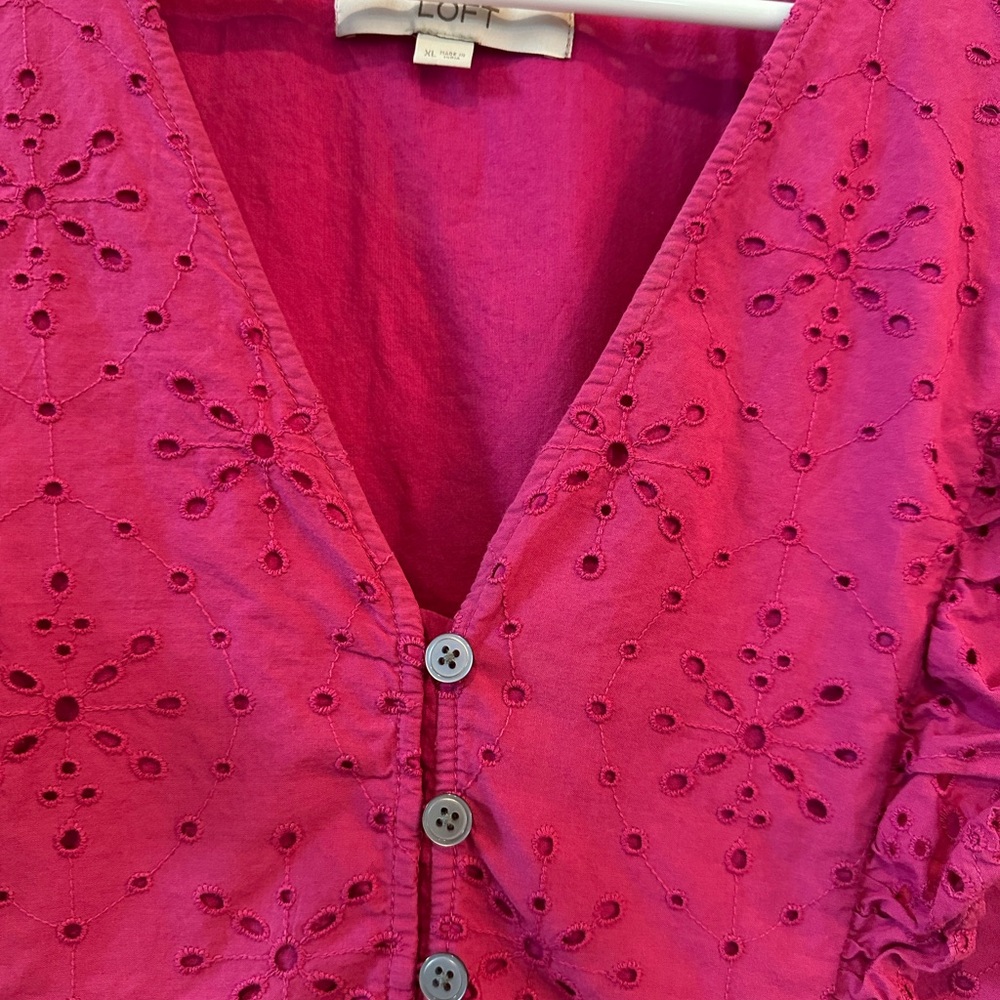 LOFT Fuschia Eyelet button ruffle swing dress size XL - Picture 4 of 10